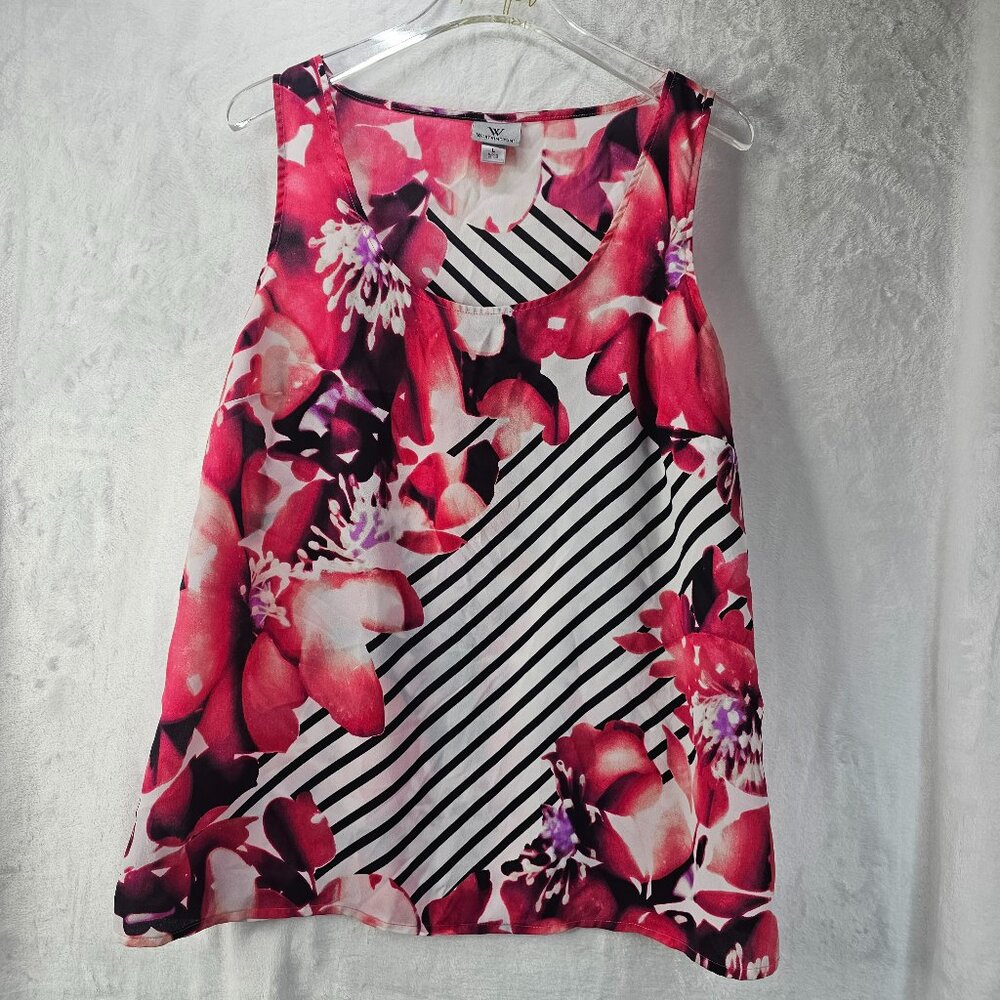 Worthington Floral Pink Top Stripped Size L Sleeveless Scoop Neck Blouse
